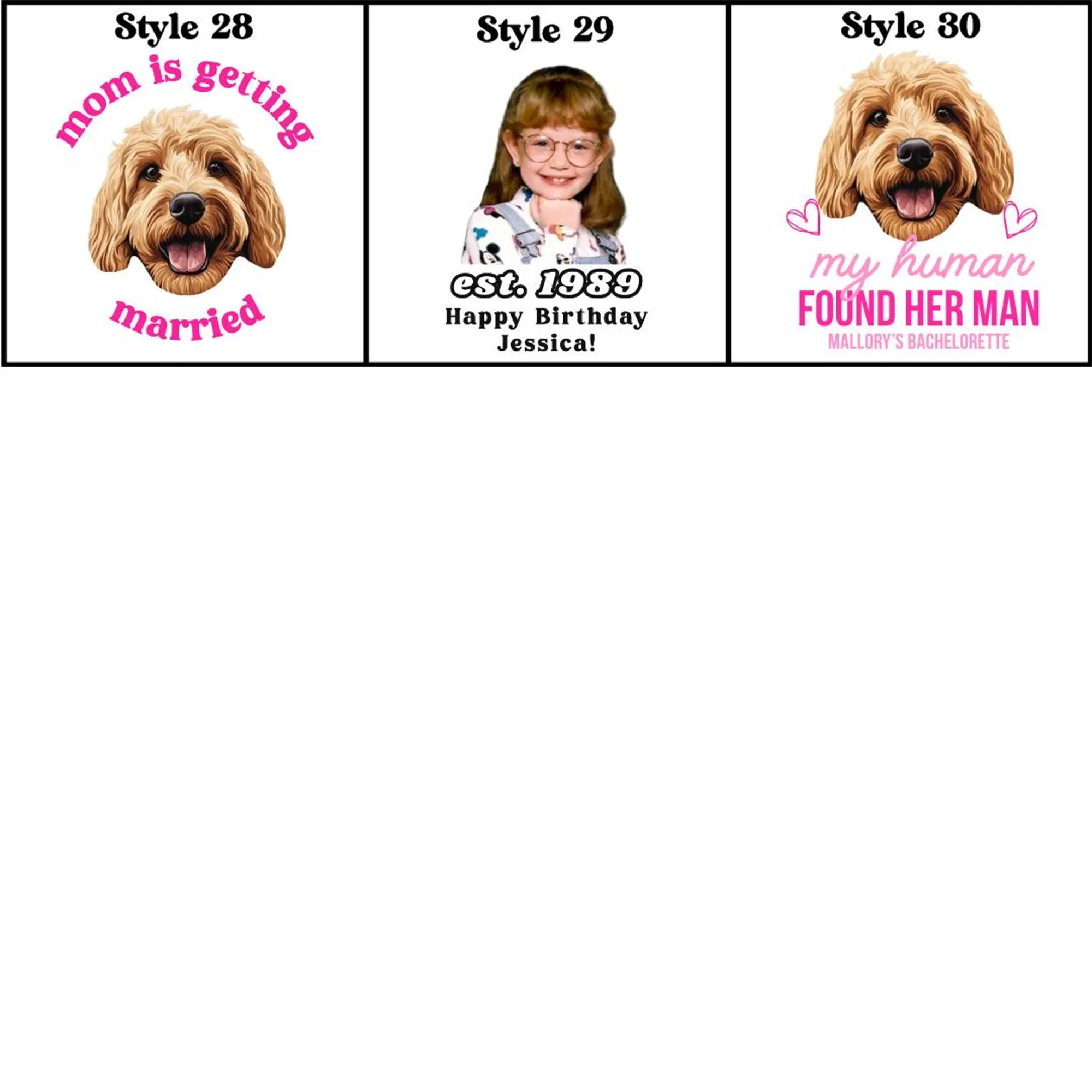 Three styles of custom face temporary tattoos for birthday celebrations and bachelorette parties. Designs including: mom is getting married, my human found her man and established 1998—fun party favors!